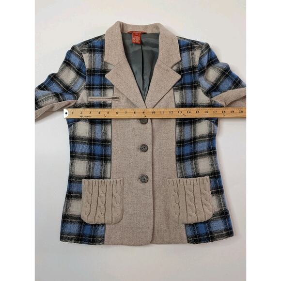 Sundance Sweater Blazer Womens 4 Mixed Media Blue Plaid Cable Knit Pockets - Picture 8 of 10